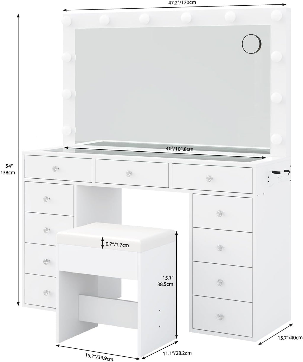 Makeup Vanity Desk with 12-Bulb LED Mirror, 11 Drawers, Built-In Power Outlet and Chair, White Glass Top