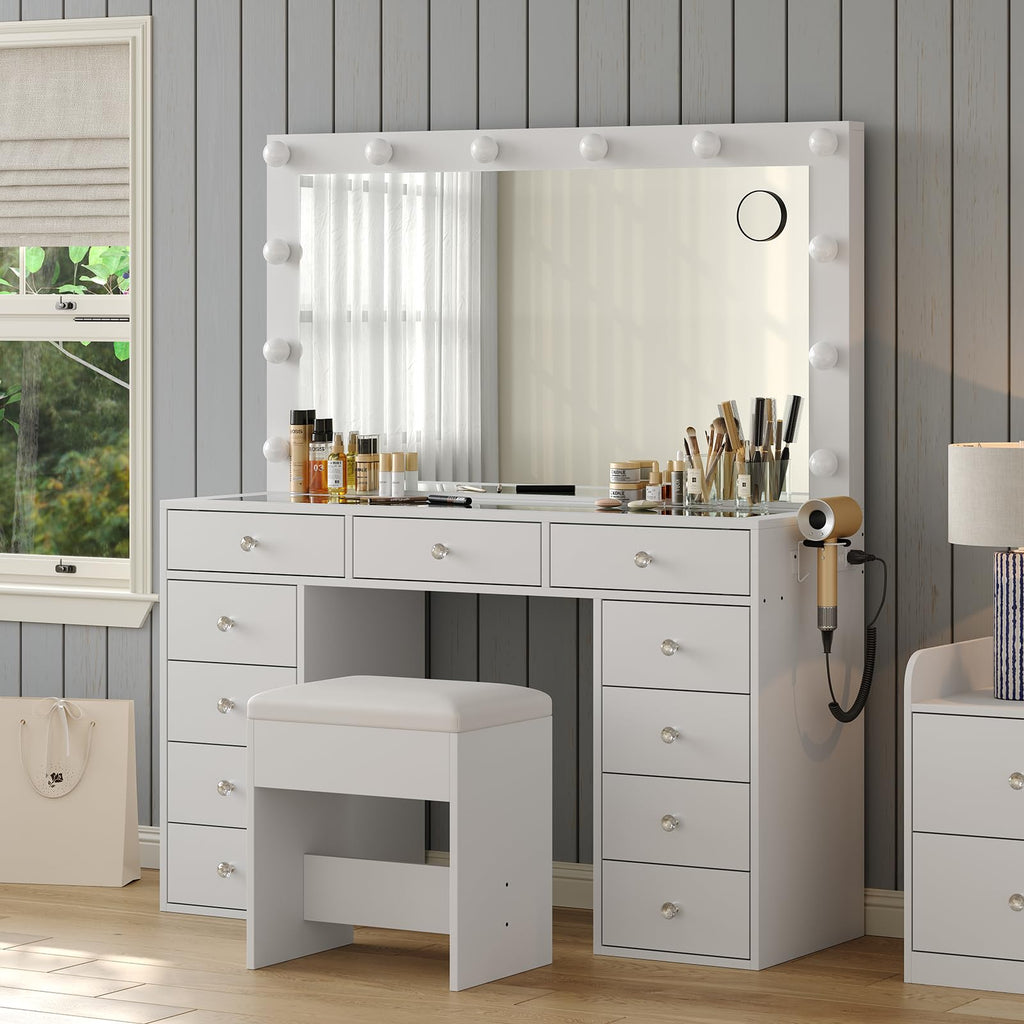Makeup Vanity Desk with 12-Bulb LED Mirror, 11 Drawers, Built-In Power Outlet and Chair, White Glass Top
