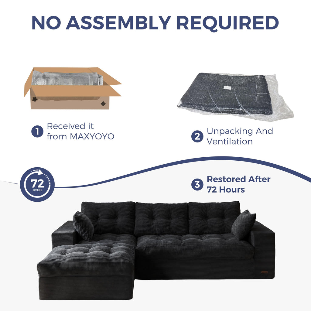 Modular 3-4 Seater L-Shaped Corner Sofa in Black Jumbo Corduroy with Removable Footstool, No Assembly