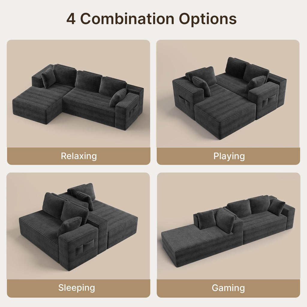 250cm Modular L-Shaped Corner Sofa in Dark Grey Corduroy with Built-In Storage and No Assembly Required